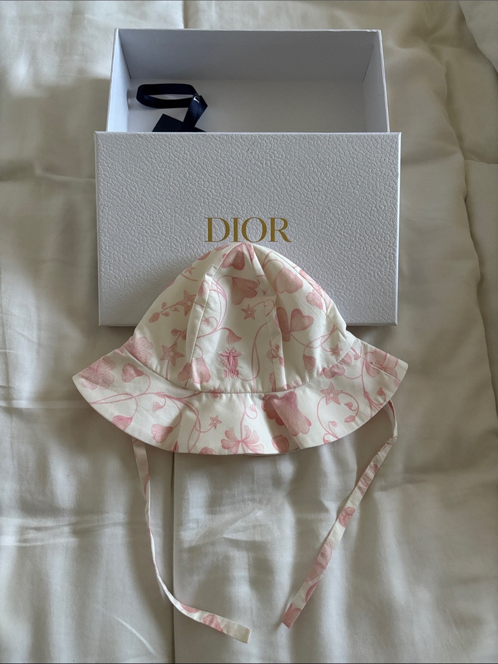 Baby Dior Cream Hat with Pink Floral Print